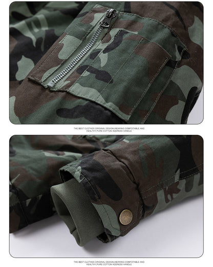 Men's Military Camouflage Fleece Lined Drawstring Thick Parka Casual Cargo Bomber Multi Pockets Jacket Cotton Canvas Fur Hooded Coat