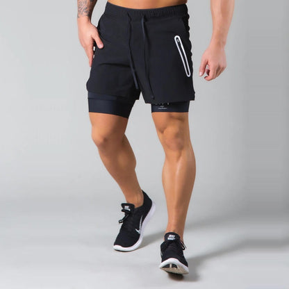 Short de sport à double épaisseur avec poche zippée pour homme, pour entraînement, course à pied, gym | DK-03 