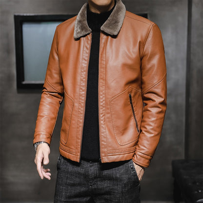 Men's PU Leather Jacket Coats High Quality Business Fur Collar Leather Bomber Warm Jacket | 2053