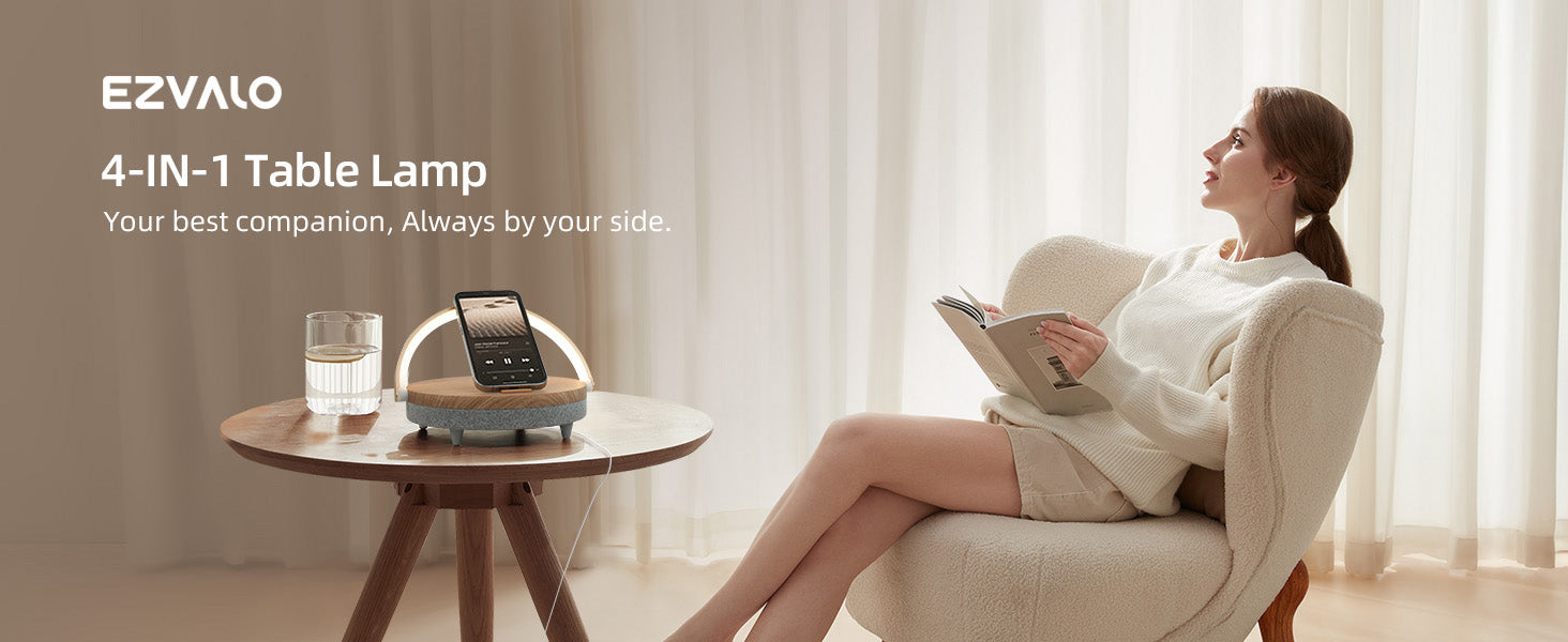 4-in-1-Nachttischlampe mit kabellosem Ladegerät, dimmbarem LED-Bluetooth-Lautsprecher, Telefonhalter und Nachtlicht als Geschenk | Ezvalo 