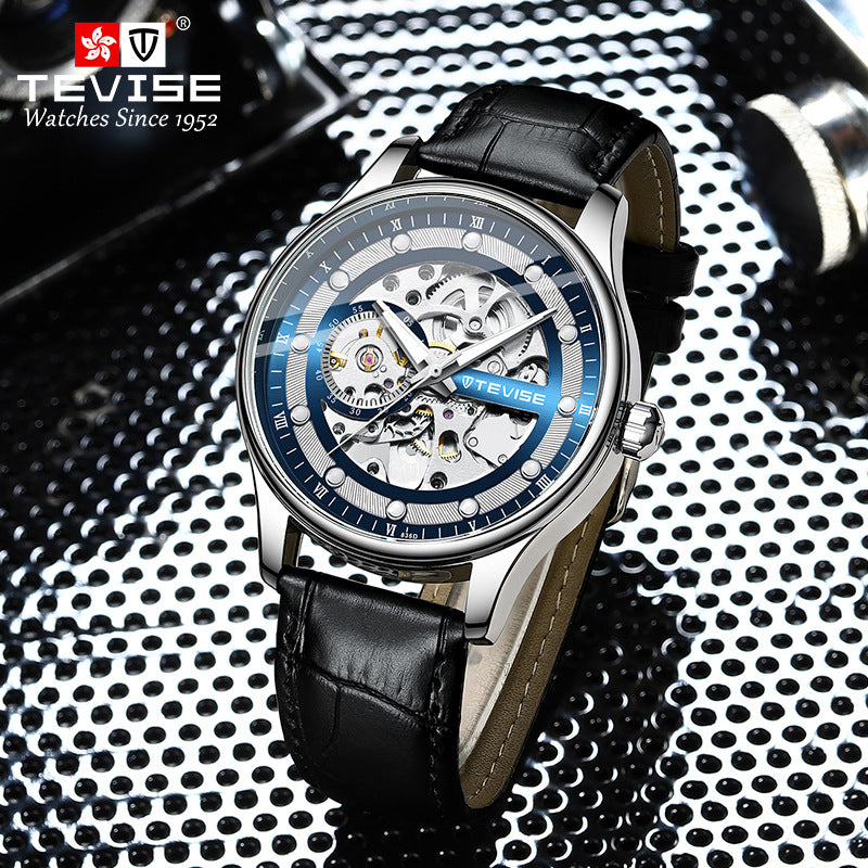 Men's Skeleton Automatic Mechanical Watch Leather Strap Clock Top Wristwatch | T836D