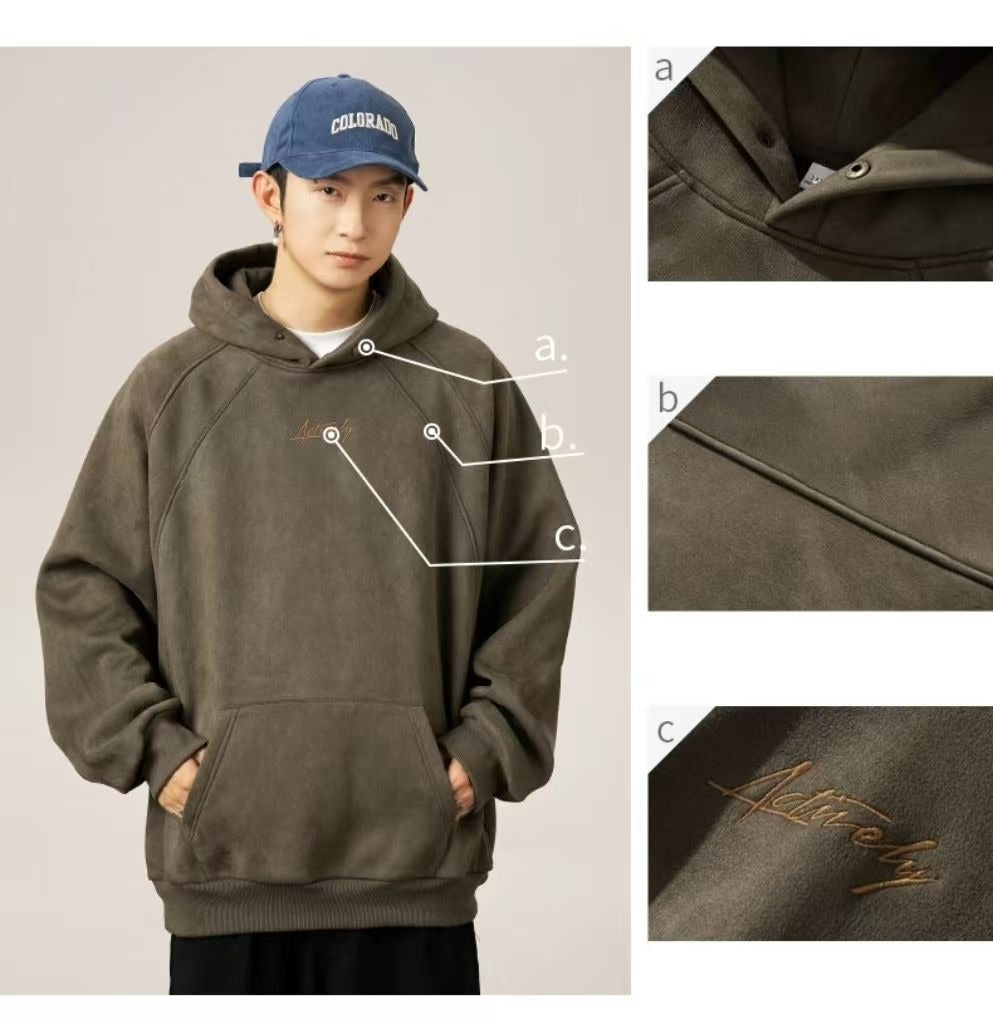 Unisex Kapuzenpullover aus schwerem Wildleder im Retro-Stil im amerikanischen Stil für Herbst und Winter | Locker sitzender Hoodie | L3848 