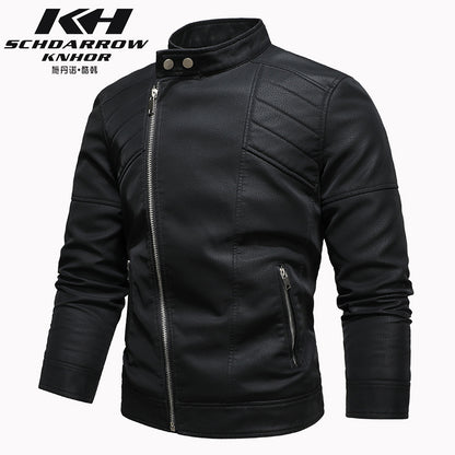 Veste en cuir PU pour homme, rembourrée, revers oblique, fermeture éclair, col montant coréen, blazer | KH-138 