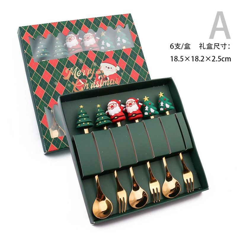 6Pcs Christmas Gifts Style Stainless Steel Doll Dessert Spoon Fork Gift Box Cutlery Set |