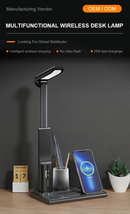 New Wireless Charger Desk Lamp with Pen Holder Multifunctional Lighting & Charging