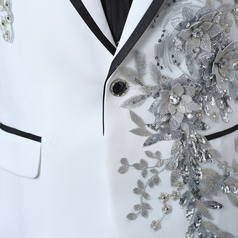 Herrenanzug, 2-teilig, formell, bestickt, elegant, mit blinkenden Pailletten, Kristallen, Blazer, Mantel, Abschlussball, Party, Smoking, Kostüm, Hochzeitsoutfit 