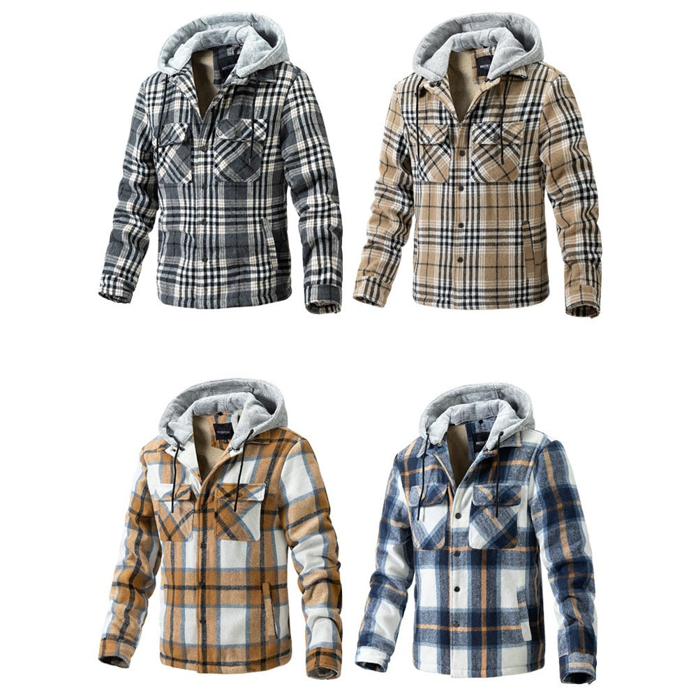 Hochwertige Winterjacke für Herren, karierte Wolle, schweres Übergrößenhemd, karierter Kapuzenmantel, Oversize-Oberteil | 88027 