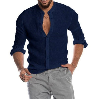 Men's Casual Shirts Solid Color Linen Long Sleeve Stand Collar Cardigan Shirt | 418