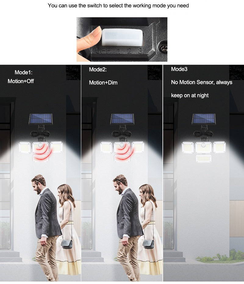 Solar-LED-Wandleuchten für den Außenbereich, geteiltes Licht mit Bewegungsmelder, 4 Köpfe, 3 Modi, Solarlampe | 