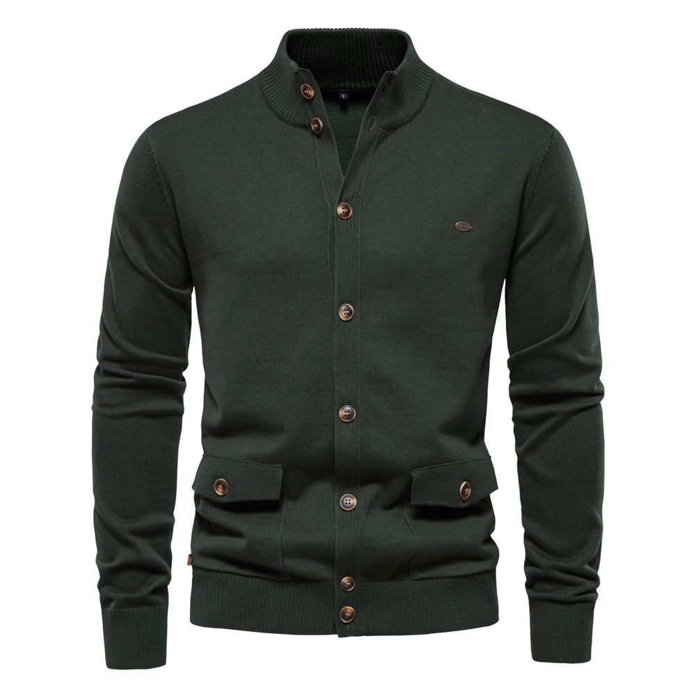 Herren-Strickjacke aus Baumwolle mit Zopfmuster, Taschen, Stehkragen, Button-Down-Pullover | CW61 
