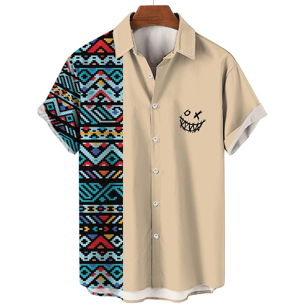 Vintage Ethnic Print Men’s Casual Short Sleeve T Shirt Cowboy Lapel Button Blouse Streetwear Polo Shirt