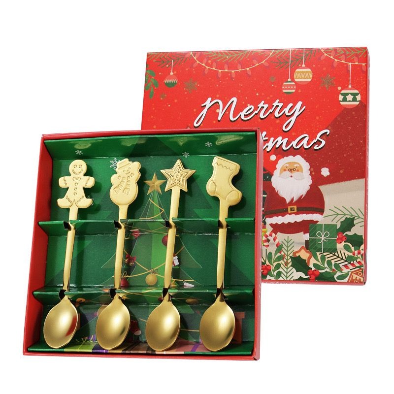 4PCS Christmas Stainless Steel Coffee & Dessert Spoons - Festive Tableware & Gift Set |