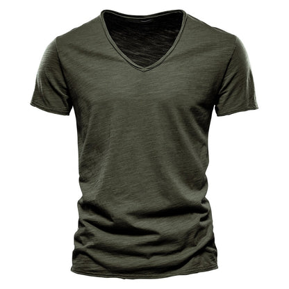 Herren T-Shirt mit tiefem V-Ausschnitt, 100 % Baumwolle, einfarbig, V-Kragen, hochwertiges Basic-T-Shirt | F037 