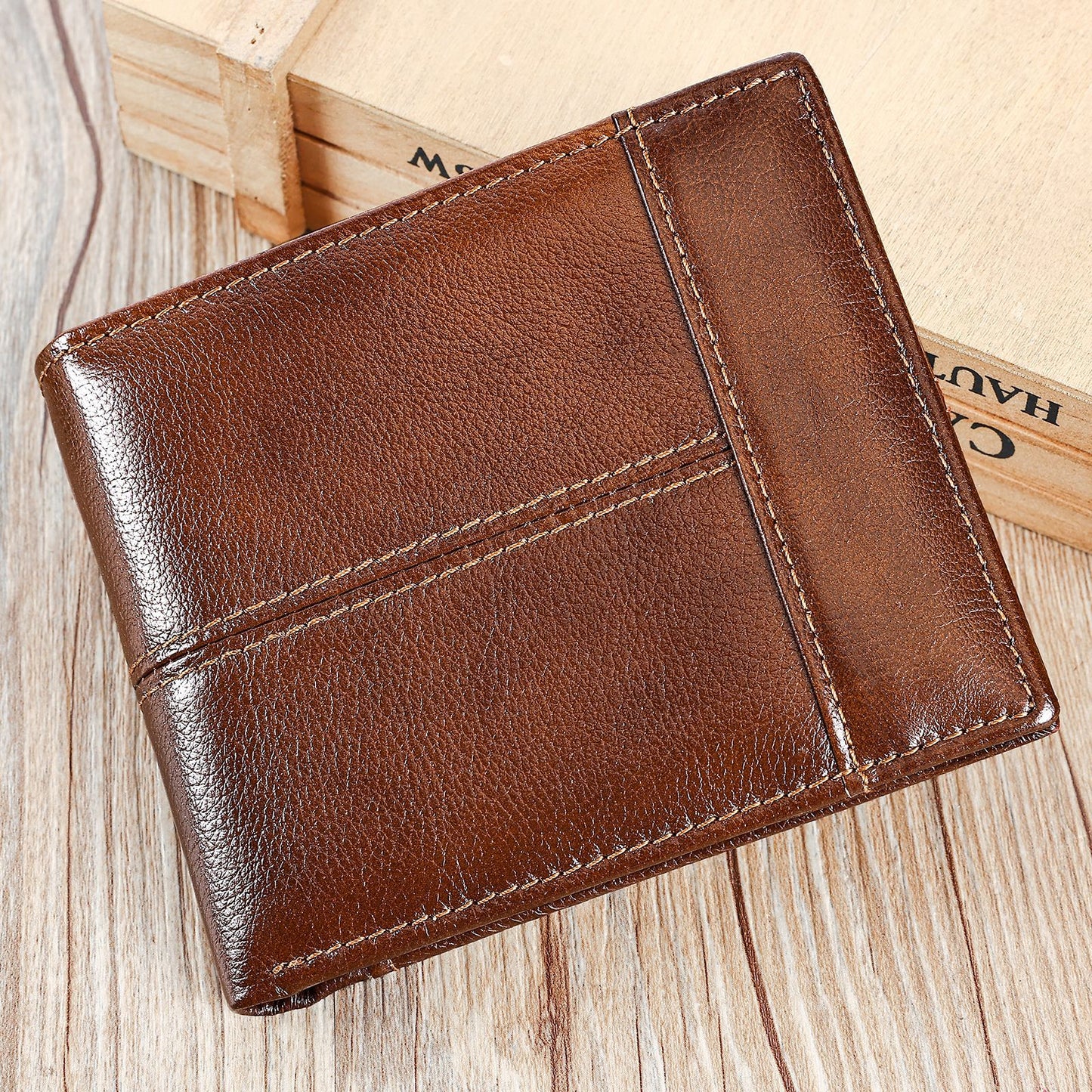 RFID Anti-Theft Leather Wallet Short Cowhide Bifold Design with Multi-Card Slots & Coin Pocket for Men | 8064