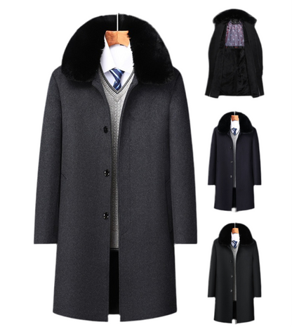 Men's Casual Business Single Breasted Long Peacoats Overcoat Winter Wool Coats Fur Collar Trench Coat | DY9802