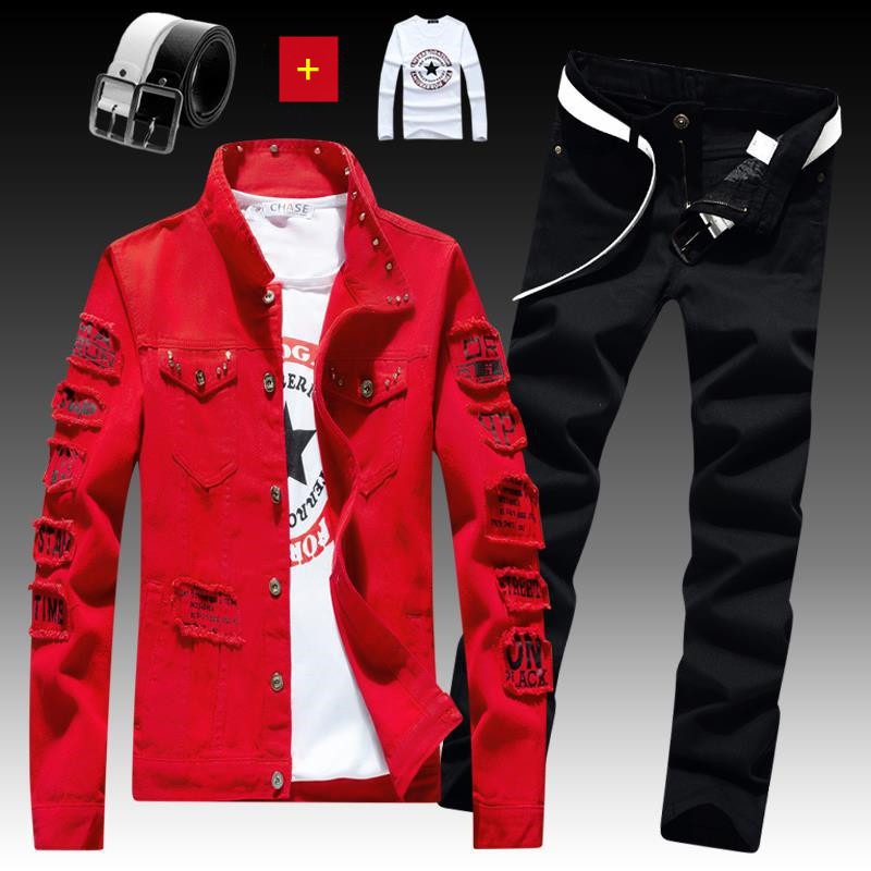 Herren Jeansjacke Jeanshose Buchstaben Druckhose 3-teiliges Set Casual Single Breasted 