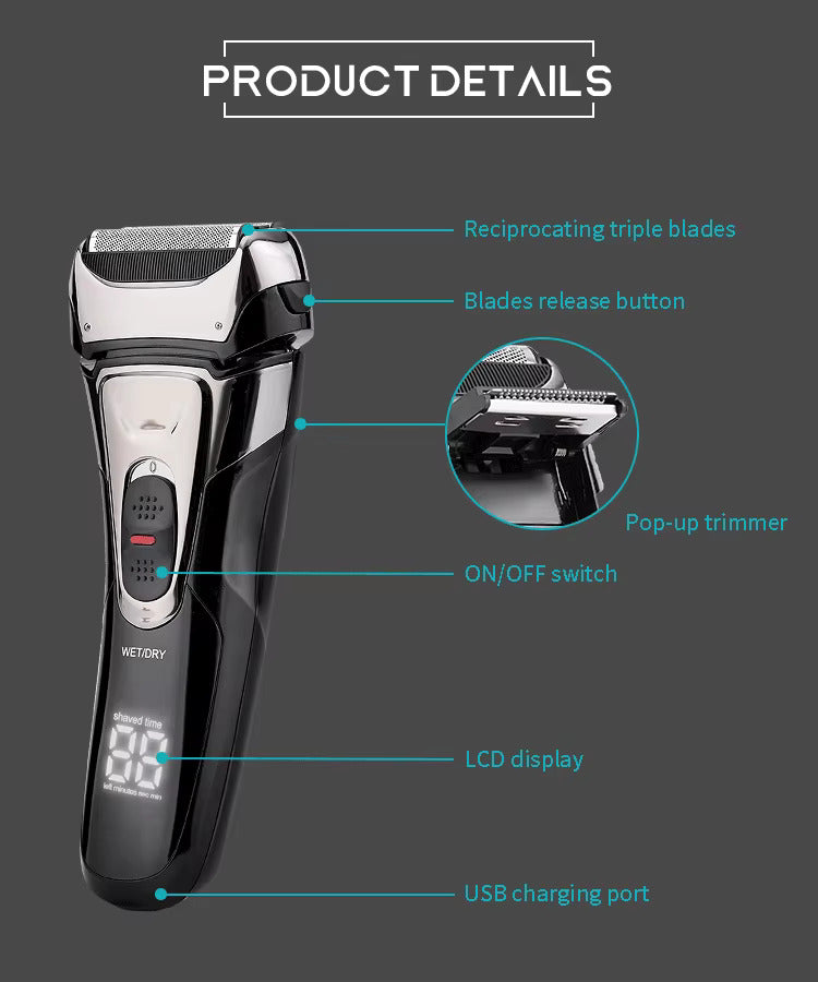 Dreifachklingen-Elektrorasierer für Herren, LCD-Display, IPX6, wasserdicht, wiederaufladbarer USB-Trimmer | RSM-1577 
