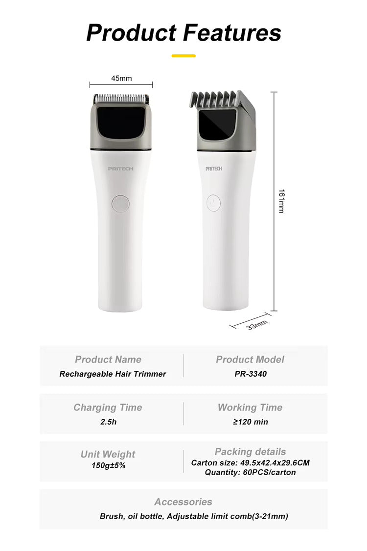 PRITECH Kabelloser Haarschneider mit Keramikklinge, 5000 U/min, elektrischer Haarschneider für Männer | PR-3340 