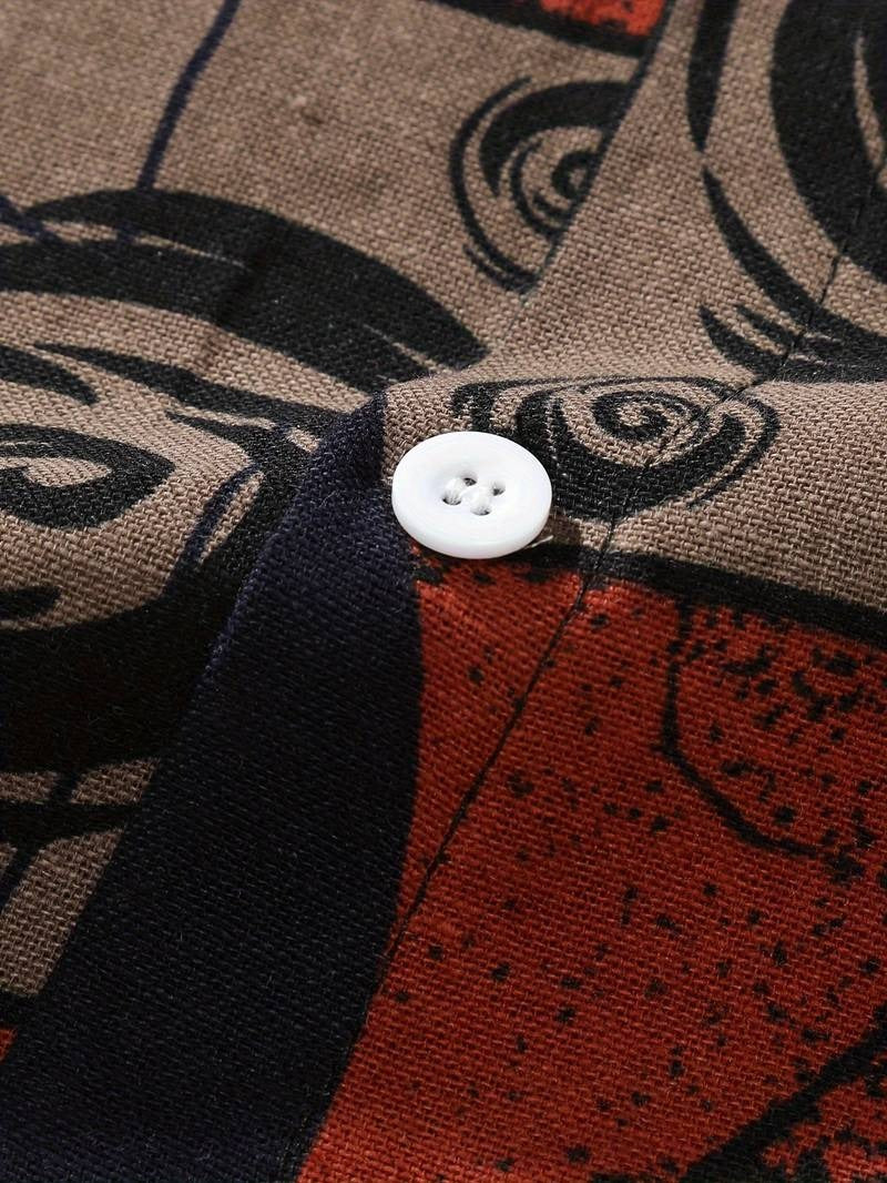 Herren-Hemd mit kurzen Ärmeln und Knopfleiste, Reverskragen, geometrischer Druck, lockere Passform, atmungsaktives, schnell trocknendes Baumwollmischhemd 