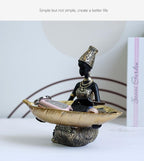 Afrikanischer schwarzer Obstteller, Ornament aus Kunstharz, Heimdekor mit Volkskunstmuster im thailändischen Stil, Schreibtisch-Aufbewahrungsdekoration | RRW040 