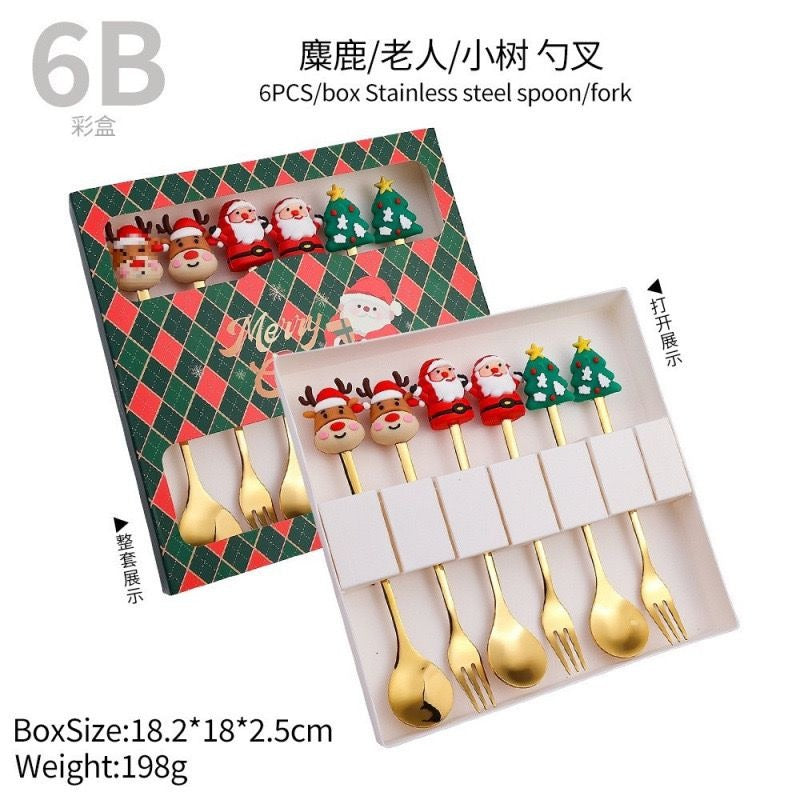 6Pcs Christmas Gifts Style Stainless Steel Doll Dessert Spoon Fork Gift Box Cutlery Set |