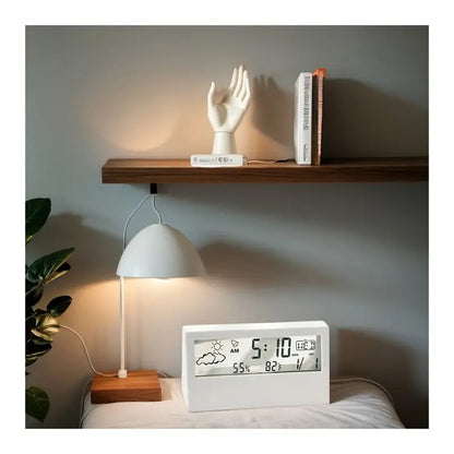 Moderne transparente LED-Digitaluhr – Temperatur und Luftfeuchtigkeit, Wettersymbole, Heim- und Bürodekor | 2158 
