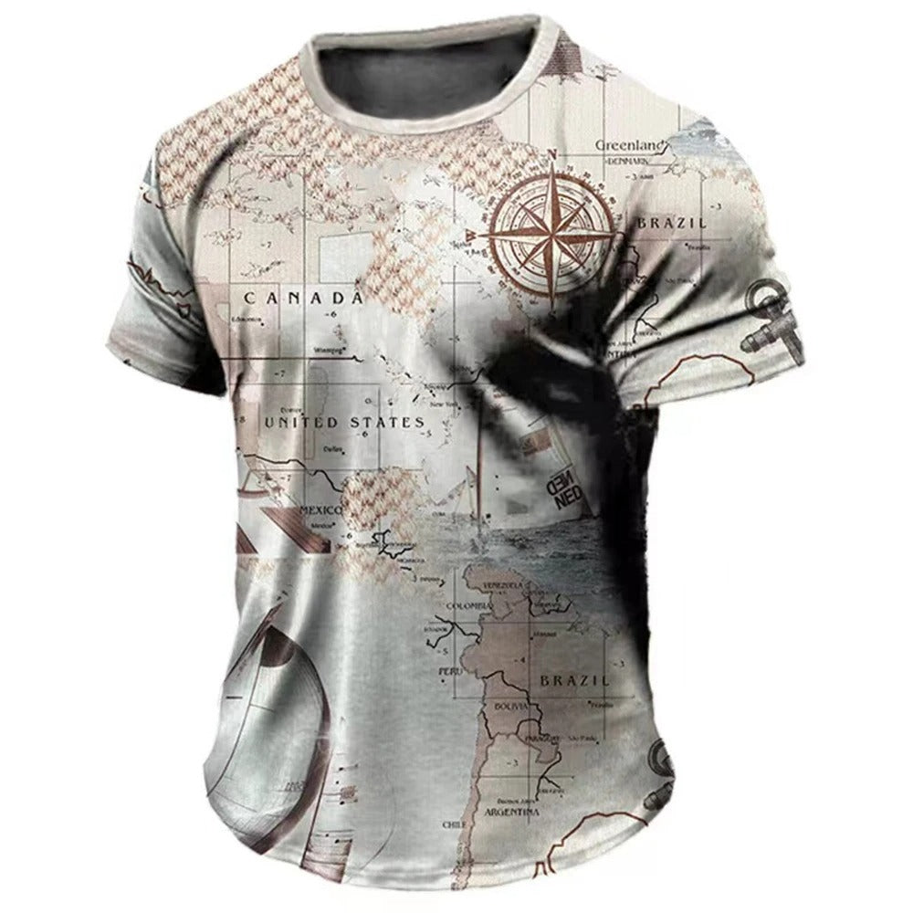 Herren T-Shirt Sommer Tops Kompass Bedruckt Kurzarm T-Shirts Freizeithemd 
