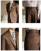 Hochwertiger zweiteiliger Slim Fit Zweireiher Anzug Einfarbig Steigendes Revers Doppelschlitze für Herren | S01 