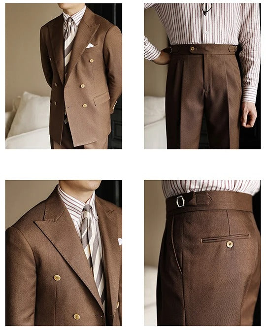 Hochwertiger zweiteiliger Slim Fit Zweireiher Anzug Einfarbig Steigendes Revers Doppelschlitze für Herren | S01 