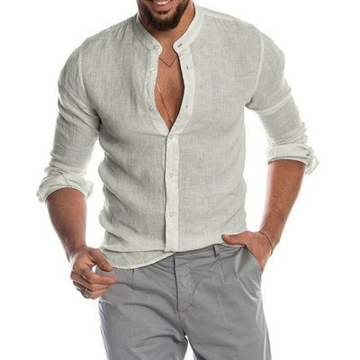 Men's Casual Shirts Solid Color Linen Long Sleeve Stand Collar Cardigan Shirt | 418