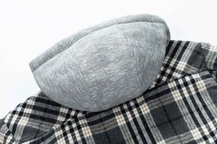 Hochwertige Winterjacke für Herren, karierte Wolle, schweres Übergrößenhemd, karierter Kapuzenmantel, Oversize-Oberteil | 88027 