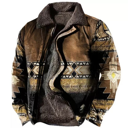 Men's Plus Size Fleece Sherpa Vintage Jacket Aztec Style Zip & Button Up Thick Winter Tactical Lapel Collar Cargo Coat