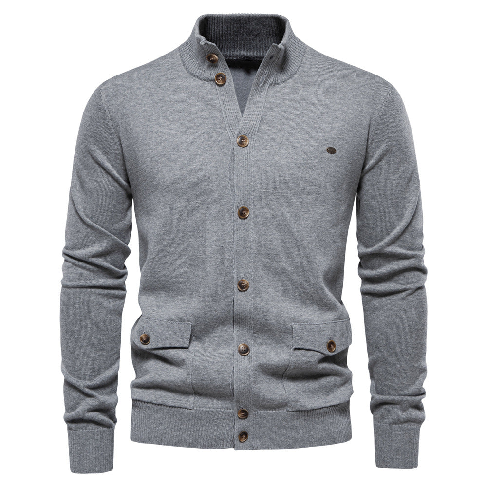 Herren-Strickjacke aus Baumwolle mit Zopfmuster, Taschen, Stehkragen, Button-Down-Pullover | CW61 