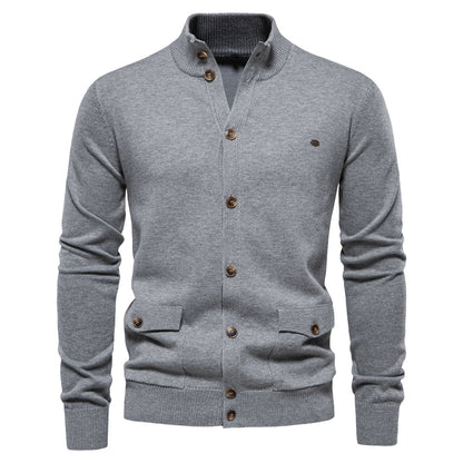 Men's Cotton Cable Knit Cardigan with Pockets, Stand Collar, Button-Down Sweater | CW61