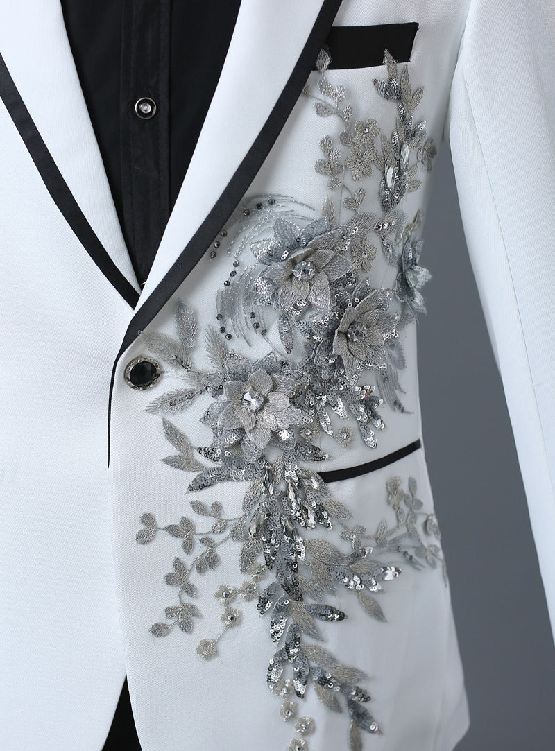 Herrenanzug, 2-teilig, formell, bestickt, elegant, mit blinkenden Pailletten, Kristallen, Blazer, Mantel, Abschlussball, Party, Smoking, Kostüm, Hochzeitsoutfit 