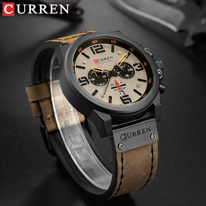 Herren Lederuhr Chronograph Armbanduhr Business Quarz Kalender Militäruhr | 8314 