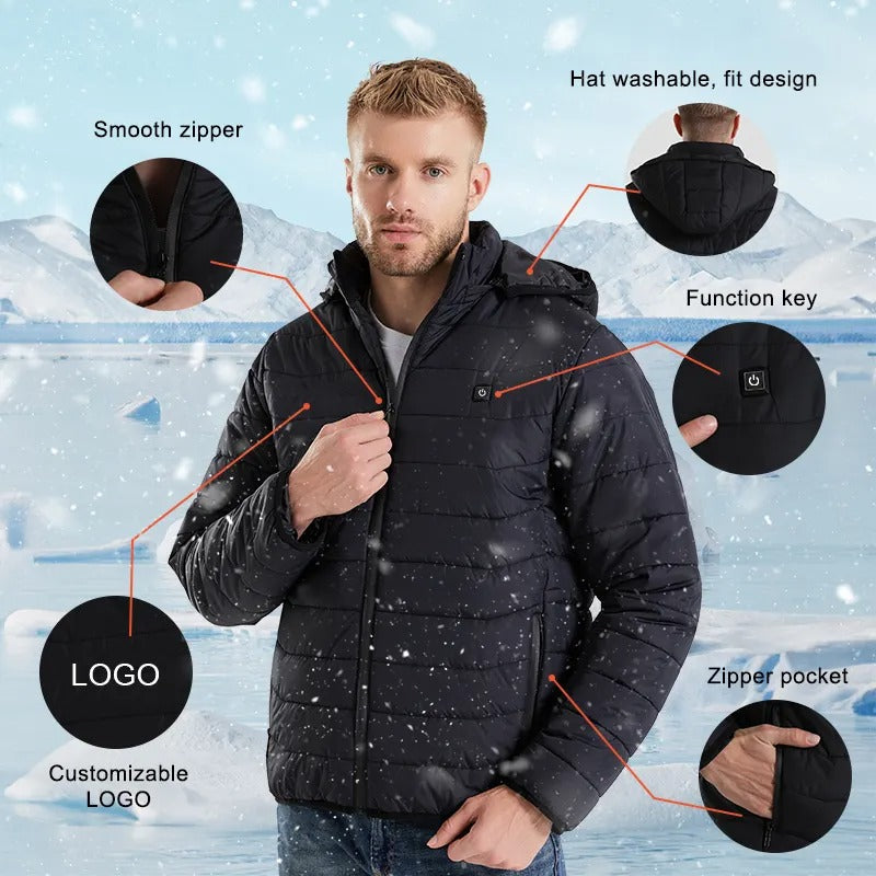 Beheizte Daunenjacke für den Winter, wiederaufladbarer Akku, USB, elektrisch beheizt, Smart-Jacke mit Kapuze | M09 