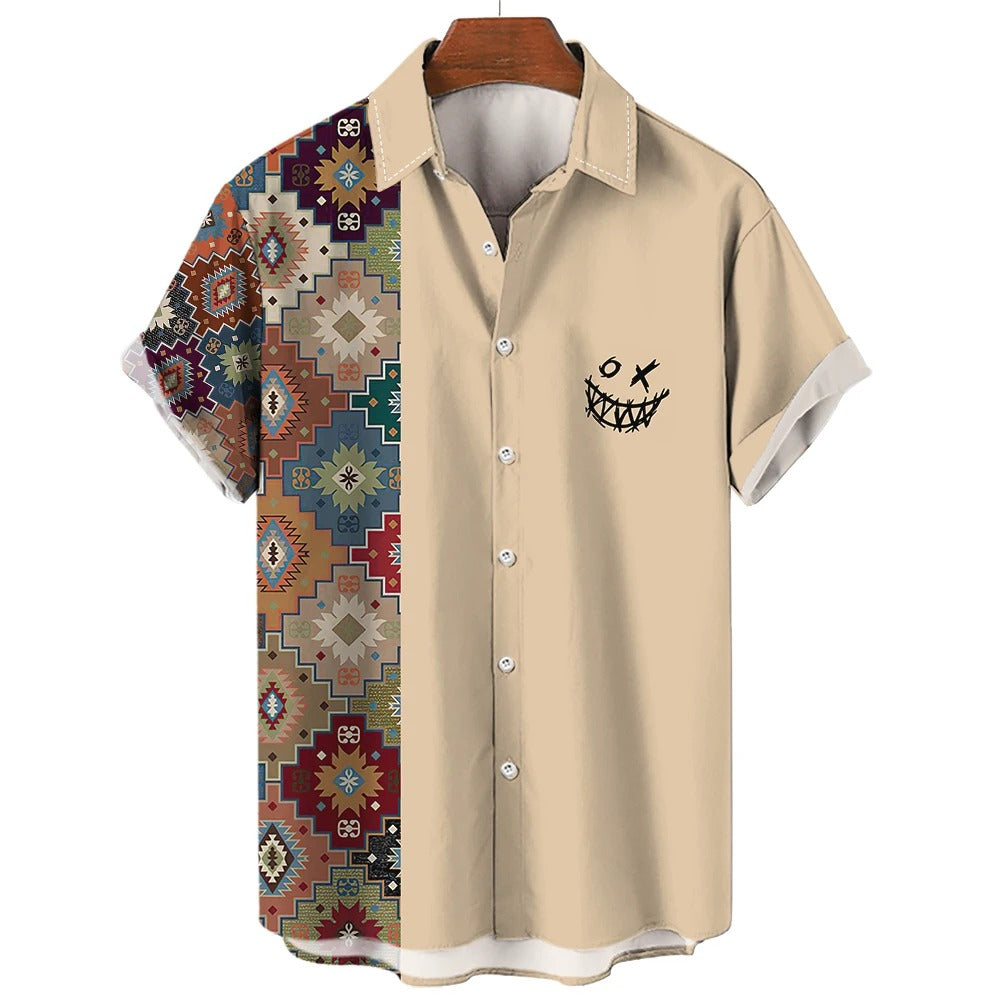 Vintage Ethno Print Herren Casual Kurzarm T-Shirt Cowboy Revers Knopf Bluse Streetwear Poloshirt 