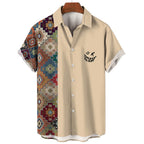 Vintage Ethno Print Herren Casual Kurzarm T-Shirt Cowboy Revers Knopf Bluse Streetwear Poloshirt 