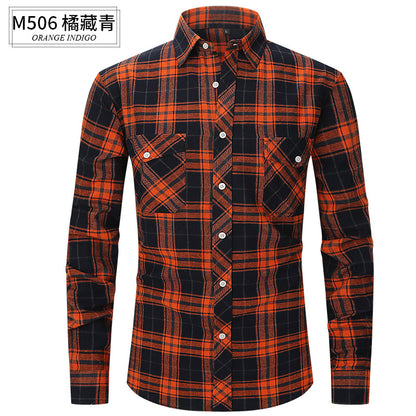 Men Slim Wear Plaid Premium Long Sleeve Double Pocket Flannel Foreign Trade Shirt | M501