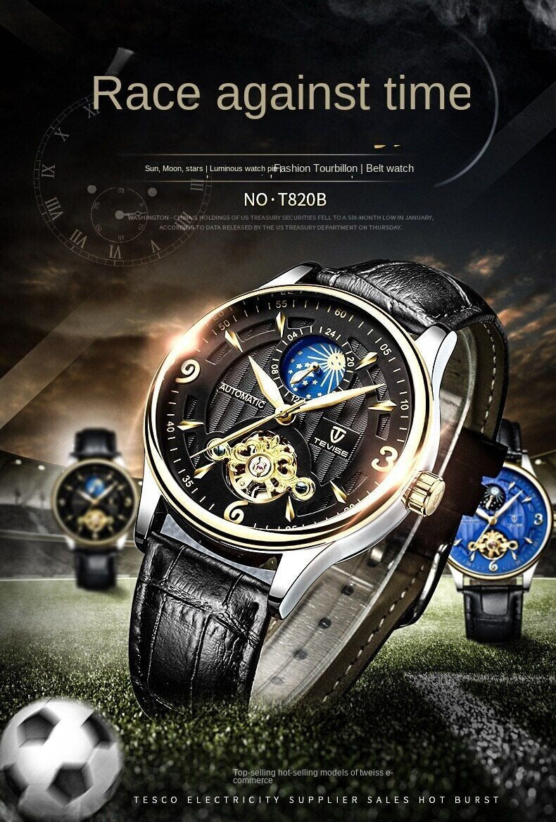 Herren-Automatikuhr aus Leder, mechanisch, Tourbillon, wasserdicht, Freizeituhr | T820b 