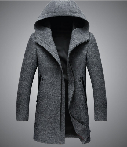 Herren Premium End Wollmischung Trenchcoat Reißverschluss Kapuze Mittellanger Mantel 