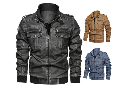 Men PU Leather Stand Collar Solid Zipper Outdoor Casual Tops Coat Jacket | 833