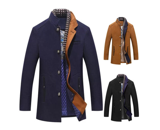 Men Posh Quality Winter Single Breasted Casual Woolen Coat Thick Collar Scarf Jacket | 2106