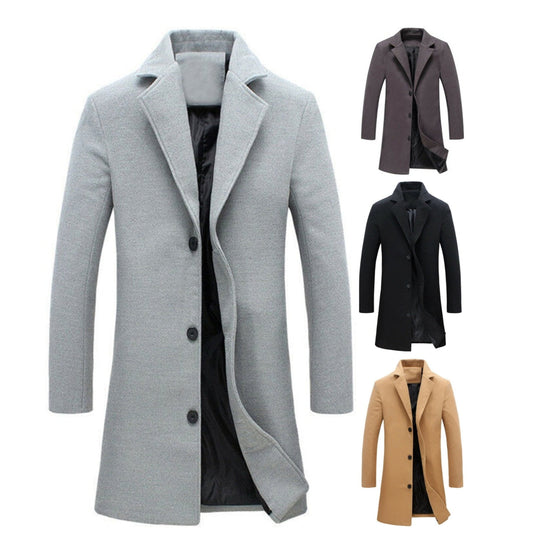 Veste en laine pour hommes, couleur unie, simple boutonnage, revers, long manteau, manteau d'affaires | D67 