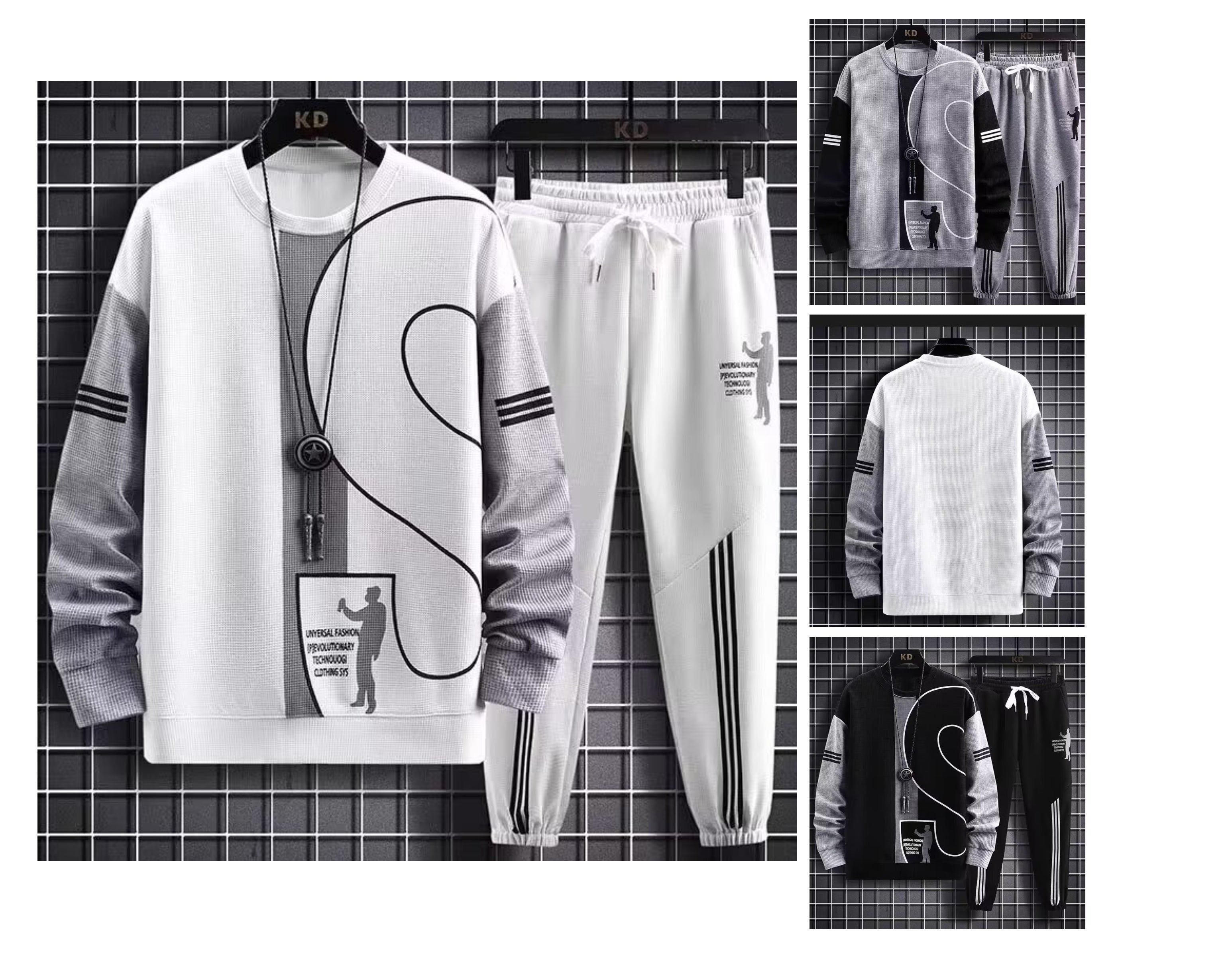 Polo-Langarmshirt mit Hose, Golf-Poloshirt, Pullover-Set, lässiges Waffel-Oberteil mit Rundhalsausschnitt für Herren 