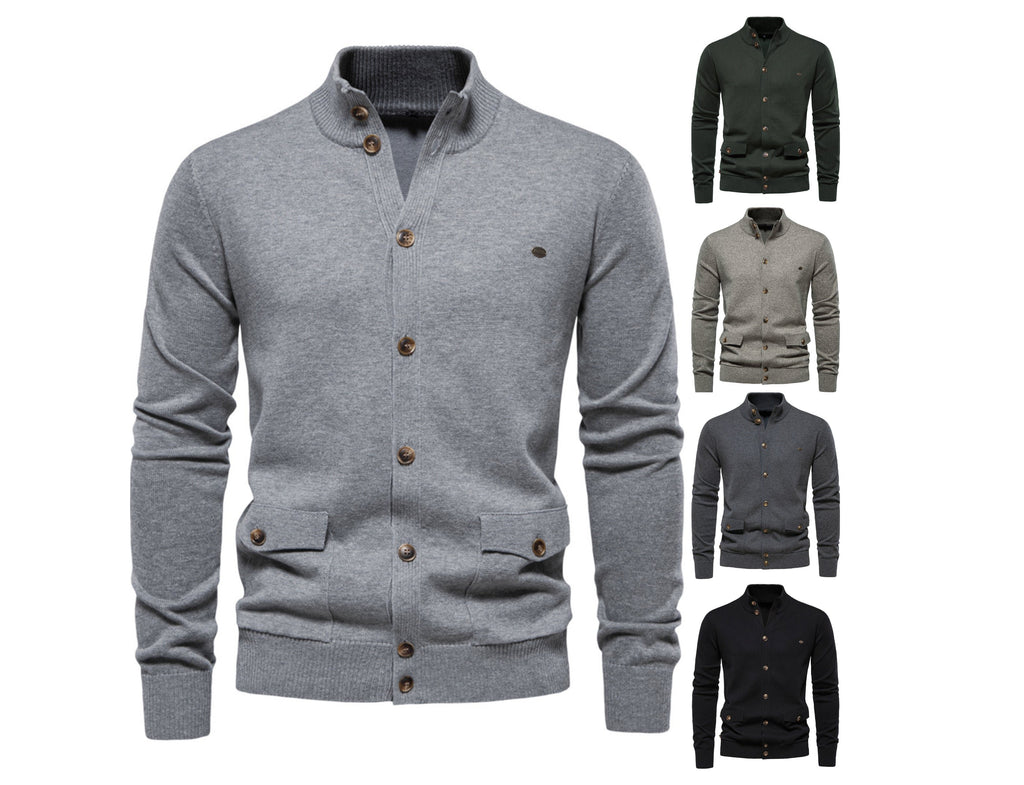 Herren-Strickjacke aus Baumwolle mit Zopfmuster, Taschen, Stehkragen, Button-Down-Pullover | CW61 