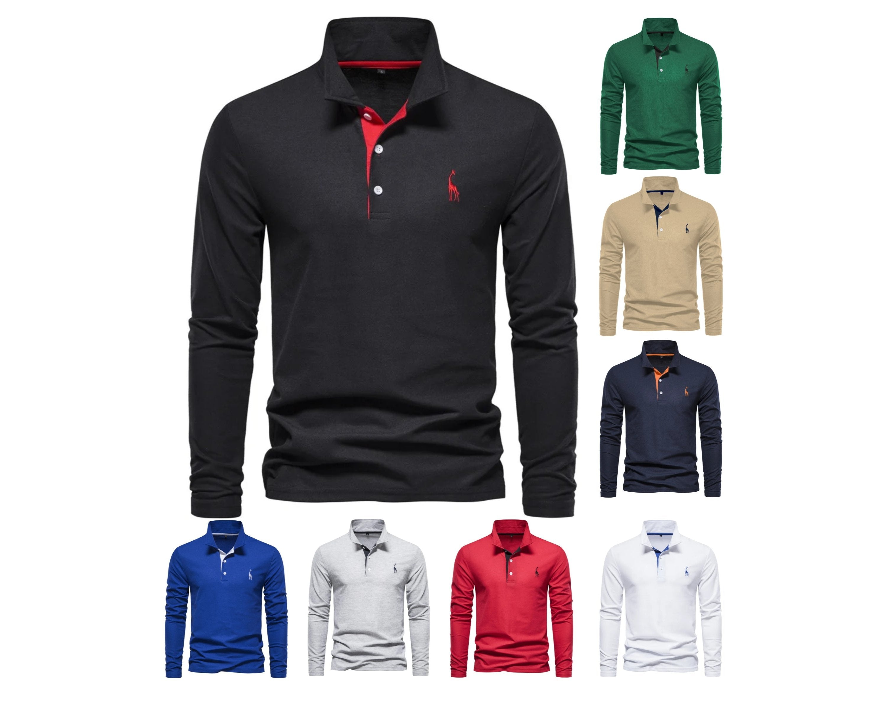 Herren Poloshirt aus Baumwolle, modisch, lässig, langärmelig, mit Hirsch-Stickerei-Design, T-Shirt für Männer | T12 
