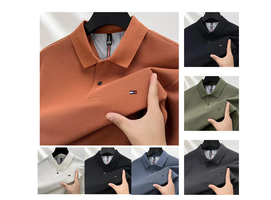 Men's Long-Sleeve Polo Shirt Business Casual Cotton T-Shirt with Embroidered Lapel Design | DS