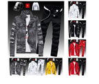 Herren Jeansjacke Jeanshose Buchstaben Druckhose 3-teiliges Set Casual Single Breasted 
